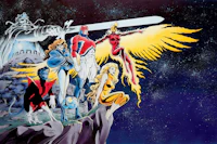 a group of comic book characters standing on top of a mountain